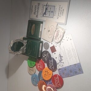 Lot Of Longaberger Memorabelia: 25th Ann Buttons, Homestead Tie On, CC, MBE Pin